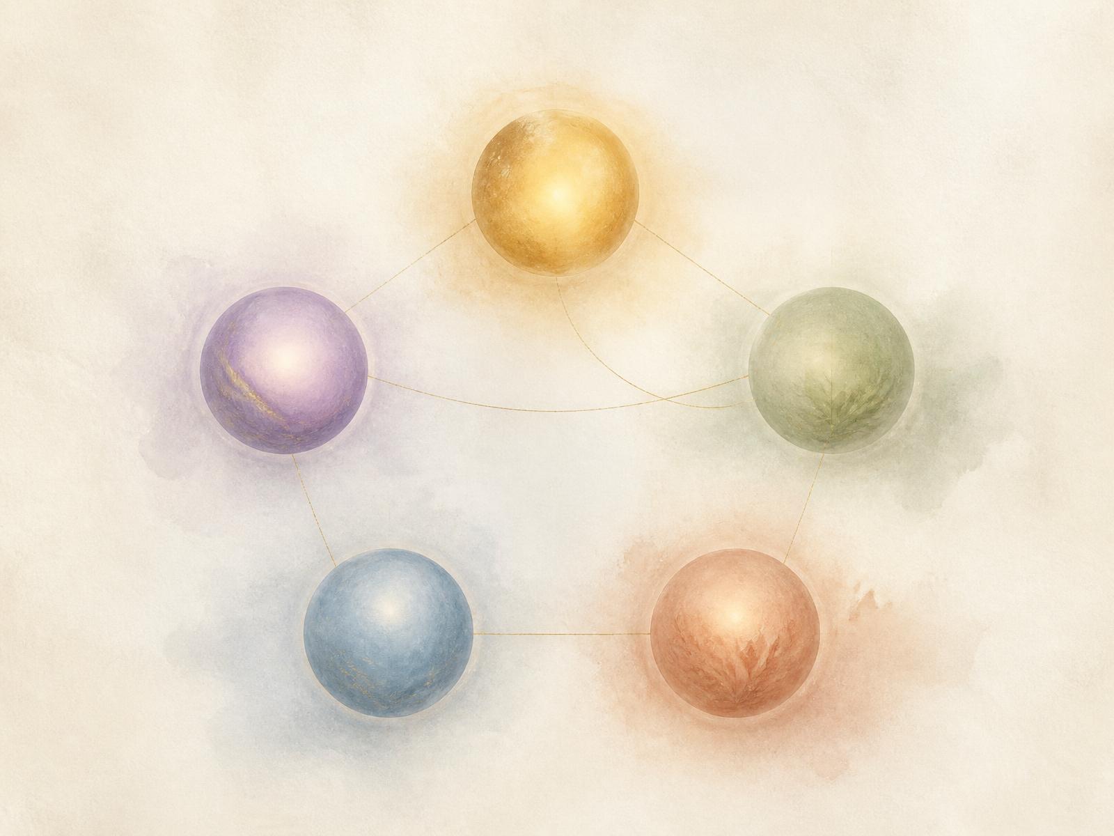 Five luminous orbs connected by fine lines, representing the five EI 360 dimensions